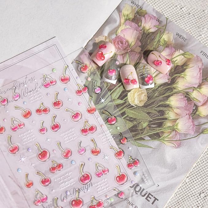 5D Cute Nail Stickers for Nail Art Embossed Crystal Red Cherry Nail Decals Self Adhesive Colorful Polka Dot Nail Design French Nail Art Stickers Fruit Cherry Nail Supplies Decoration for Women 1Sheet