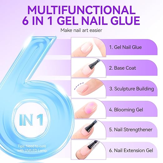 gelike ec 6 in 1 Nail Glue Gel: 2 Pcs Gel Nail Polish for Press on Nails - Nail Glue Strong Easy and Long Last for False Acrylic Tip - Base Coat for Salon Home Polish (Pack of 2)