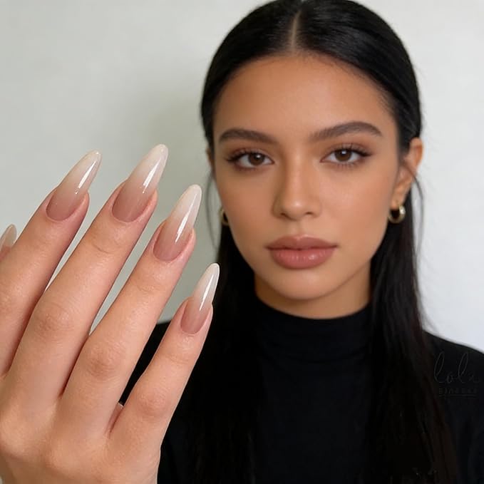 24pcs Long Almond Press On Nails,Translucent Nude Gradient Fake Nails with Jelly Glue,Reusable Stick On Nails for Women & Beauty lovers