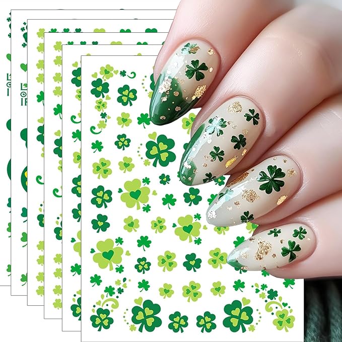 6 Sheet St. Patrick’s Day Nail Stickers – Irish Shamrock Green Clover Carnival Festival Fake Nail Decals 3D Self-Adhesive for Women Girls Summer Holiday Nail Art Decorations