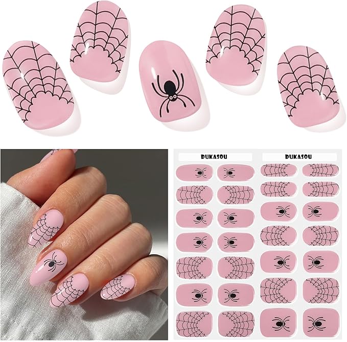 Semi Cured Gel Nail Strips,28 pcs Halloween Gel Nail Stickers (Spider Web),Long Lasting Polish Stickers Work with Any UV Light, Easy to Apply Spider Nail Art Decals for Festival