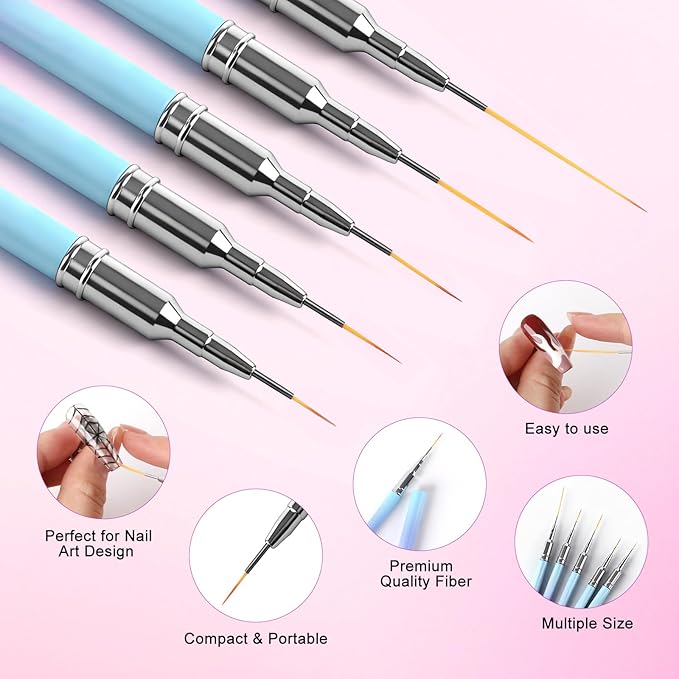 5Pcs Nail Art Pens Line Brushes Striping Nail Gel Polish Painting Brush Set Manicure Design Tools for Details Fine Painting(Sizes 7/9/11/15/25mm)