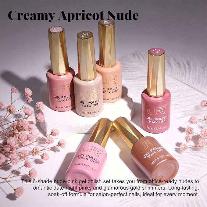 JR Gel Nail Polish Set, 16ml Full Size Bottle 6 Colors Nude Brown Pink 9D Cateye Glitter Nail Gel Polish Gift Soak Off Led Nail Art Kit Salon DIY Colorful Bottle B