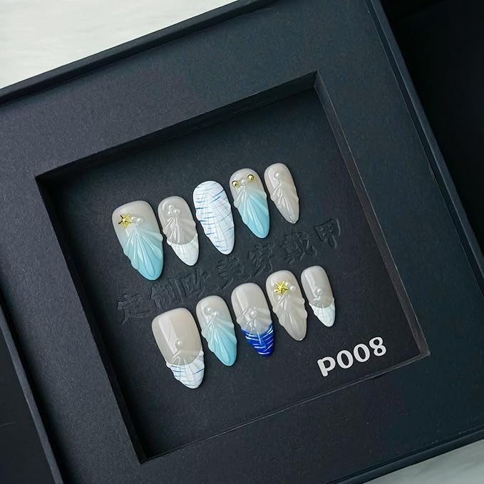 100% Handmade Press on Nails Medium Almond Fake Nails Summer Acrylic Handmade Nails Press Ons Ocean Seashell Waterdrop False Nails for Women Girls Manicure Size M