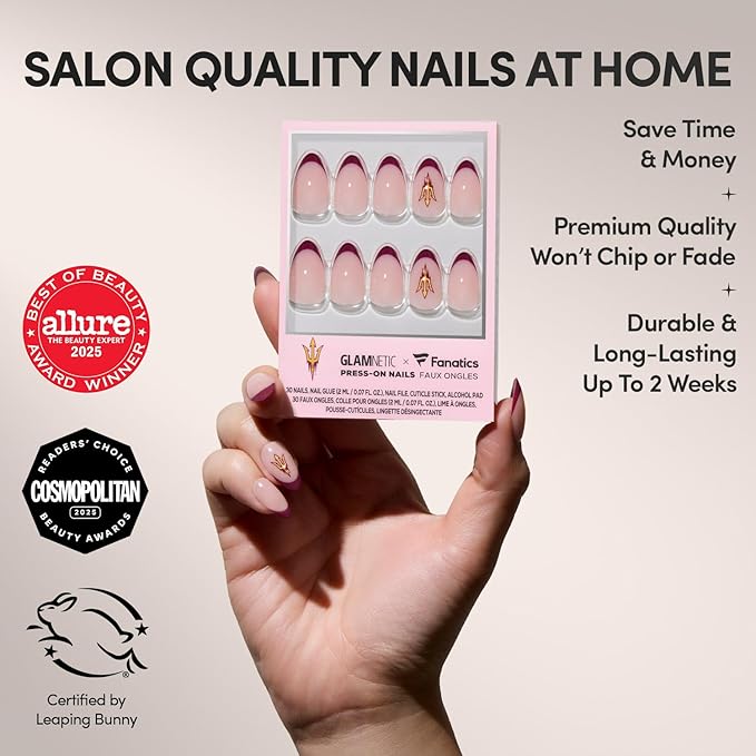 Glamnetic x Fanatics Press On Nails - Arizona State Sun Devils | Short Almond Fake Nails, Collegiate Devils Maroon French Tips, College Nails, Salon-Quality | 15 Sizes - 30 Nail Kit with Glue