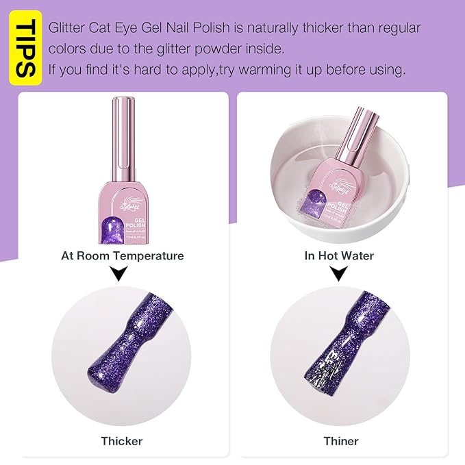 Purple Cat Eye Gel Nail Polish with Magnetic Stick - 12ML Glitter Magnetic Nail Polish for Multiple 3D Effects, Soak Off UV LED Gel Polish for DIY Manicure Salon Gifts for Women