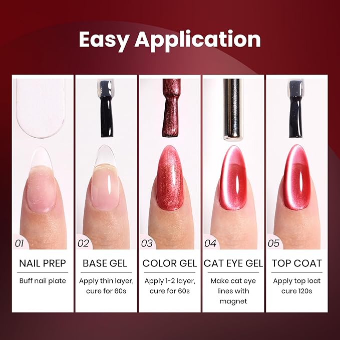 Beetles Red Cat Eye Gel Nail Polish Set - Sultry Burgundy Cat Eye Gel Polish, 6 Colors Christmas Gel Polish Kit Burgundy Dark Red Glitter Red Magnetic Soak Off UV Nail Art Manicure Gift for Women