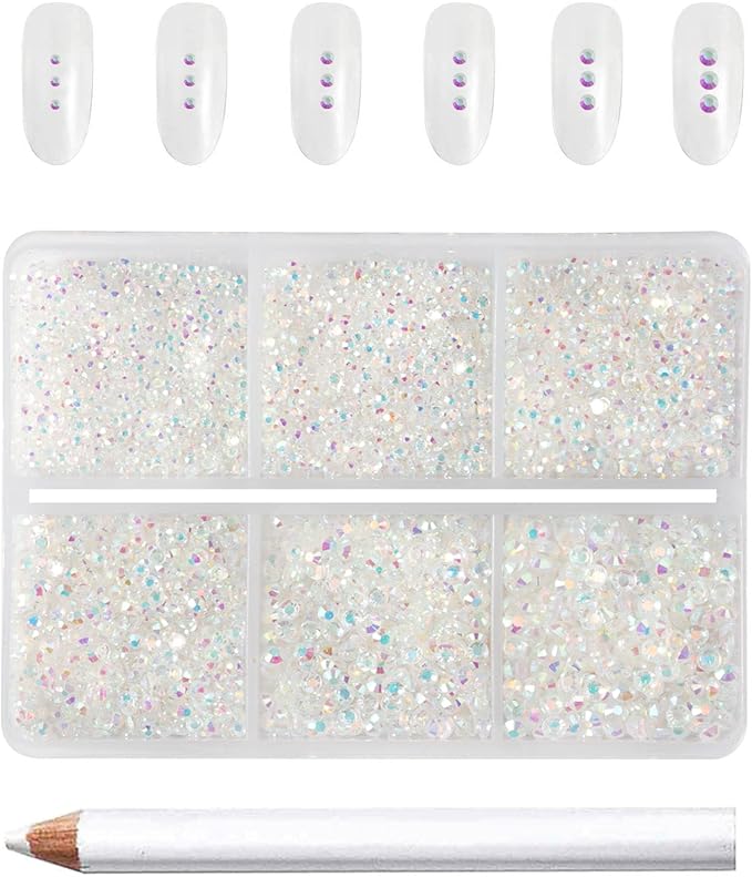 Beadsland 7200pcs Flatback Rhinestones,Transparent Rhinestone Nail Gems Round Crystal Rhinestones for Crafts,Mixed 6 Sizes with Wax Pencil Kit, SS3-SS10,Transparent AB