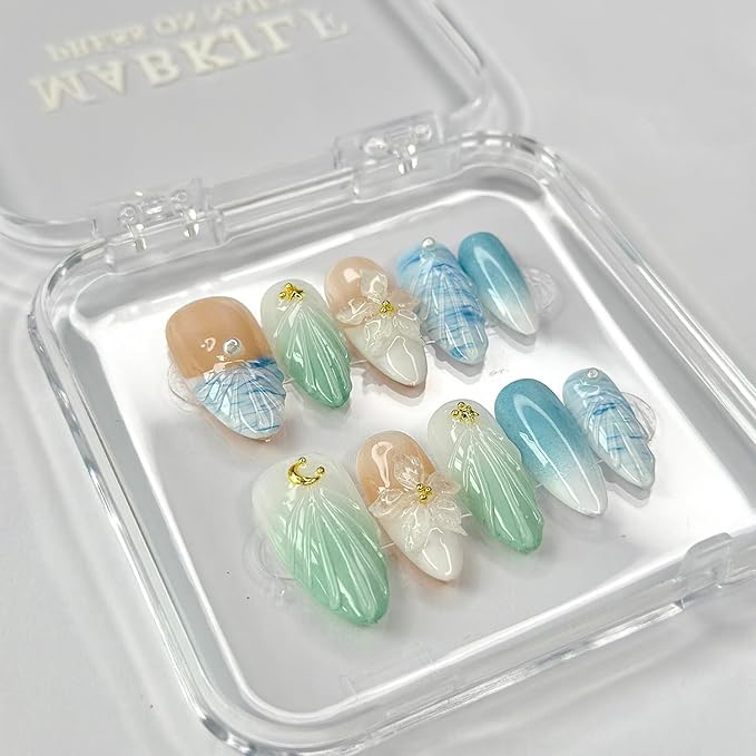 Luxury Press on Nails Medium Almond French Tip Handmade 3D Unique Reusable ABS Material Fake Nails Blue False Nails with Designs Pearls Floral Art Petal Glossy Glue on Nails Thick Acrylic Nails(M)