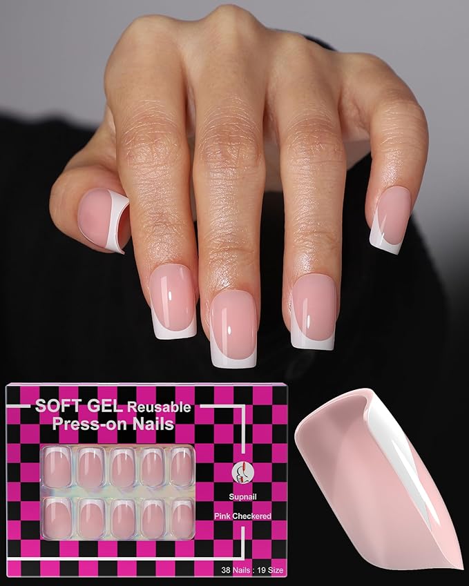 Press on Nails,French tip Short Square, 19 Sizes, 38 Pieces,Fake Nails with Brush-on Glue & Adhesive Tabs (Soft Nude Pink French)
