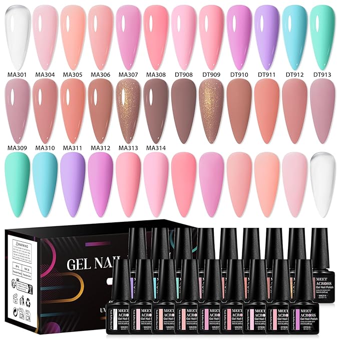 MEET ACROSS 18Pcs Rubber Gel Base Coat for Nails, Nude Brown Rubber Base Gel Polish Pink Violet Strengthener Gel for Thin Weak Nails 7ml