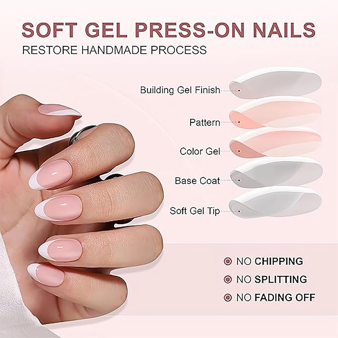 RTKHFZE Gel Press on Nails Short-French Tip Press On Nails Almond,Soft Gel Fake Nails for Women,Natural Reusable Stick On Nails in 16 Sizes - 32 False Nails Kit for Gift Idea