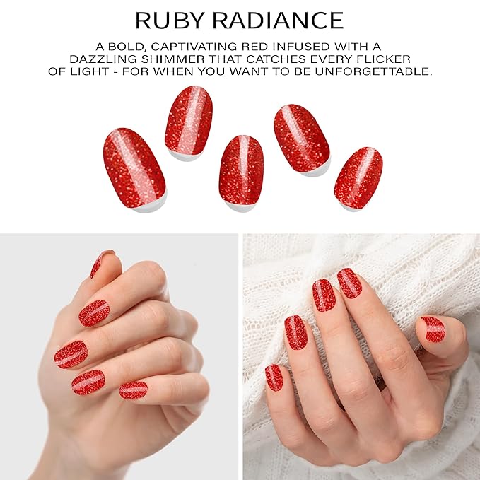Semi-Cured Gel Nail Strips - 20 Salon-Quality Gel Sticker with UV Light Required, Long Lasting, Easy Application & Removal, Includes Prep Pad, Nail File, Wooden Stick (Ruby Radiance)