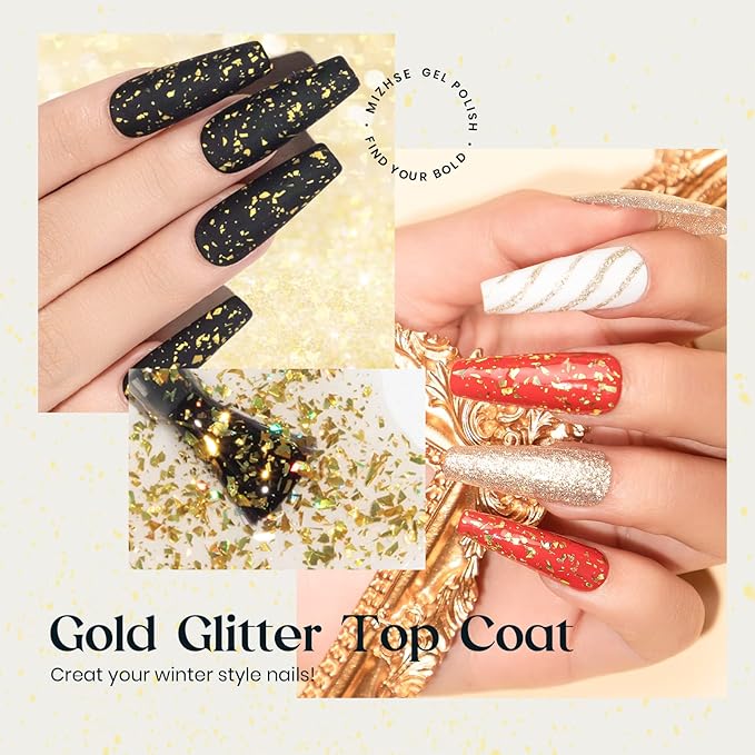 MIZHSE Gold Glitter Gel Nail Polish, Glitter Sequins Gel Polish Sparkle Shiny Christmas Soak Off U V LED Gels Polish for Nail Salon & Home DIY Manicure 10ml