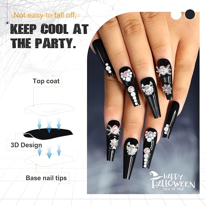 Morily 24Pcs Long Coffin Press on Nails Halloween Black Fake Nails Acrylic Skeleton Stick on Nails with 3D Spider Web Rhinestones Design Artificial False Nails for Women (Black Silver Spider Crystal)