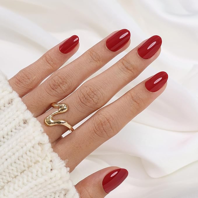 Red Press on Nails Oval for Women Gift - SHANGMENG Soft Gel Press on Nails Short with Glue, Fit Perfectly & Natural Glue on Nails in 16 Sizes - 32 Reusable Fake Nails, Cherry Red