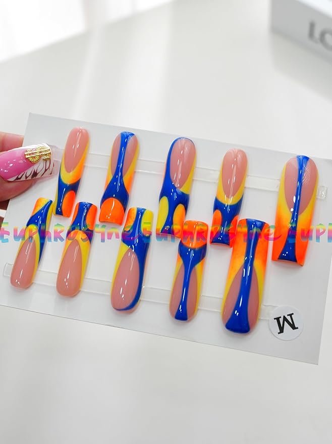10PCS Colorful Swirl Press On Nails – Long Coffin Fake Nails with Blue, Orange & Yellow Abstract Design, Glossy Reusable Y2K Nails for Women and Girls – Euphrosyne