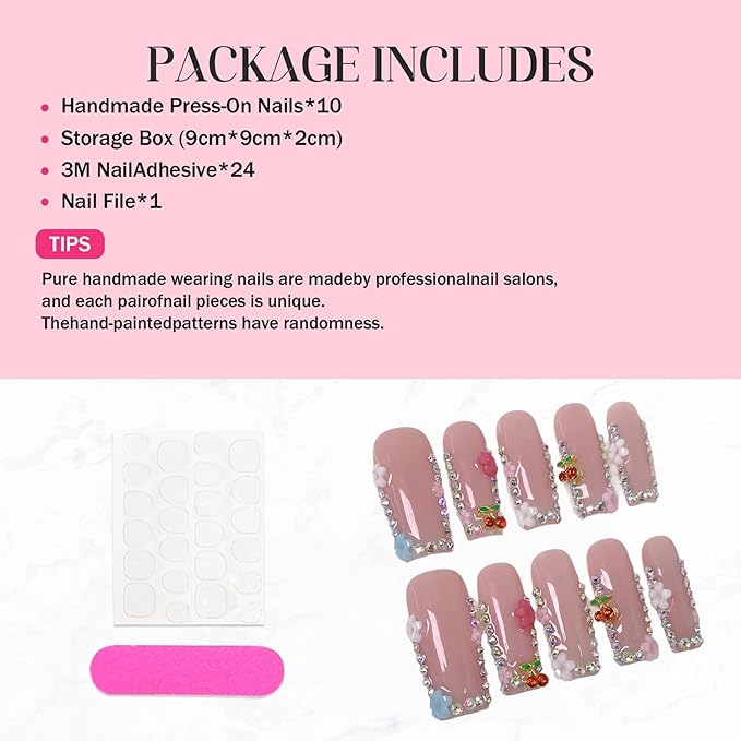10Pcs (Size M) Long Square Handmade Press On Nails - Pink Glossy Acrylic Fake Nails with 3D Cherry Rhinestones for Women’s Manicure