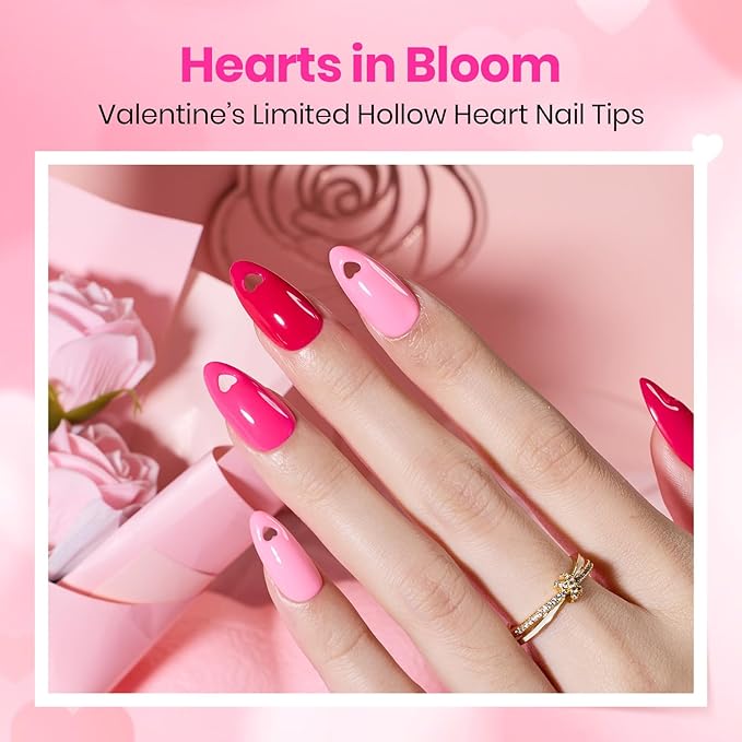 Beetles Tipex Lite Heart Cutout Nail Tips, Pre-Built Apex Almond Medium, 16 Sizes 256pcs, Flat Nail Friendly Acrylic Tips, Easy DIY for Beginners