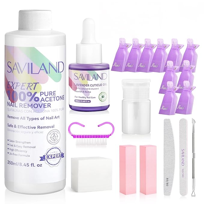 SAVILAND Pure Acetone Nail Polish Remover Kit: Gel Polish Remover with Professional Nail Polish Removal Tools Safe Gel Remover for Nails Fast & Easy Removal with Cuticle Oil Salon Home DIY 8.45 FL Oz