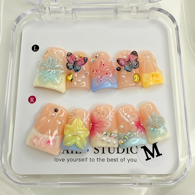 Handmade Press on Nails Butterfly Press on Nails Short Duck Shaped Fake Nails Pearl Colorful Acrylic Nails Full Cover Reusable Flower False Nails for Women Girls Nail Accessories (Size S)