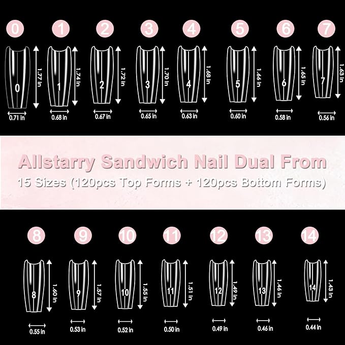 Allstarry Sandwich Dual Nail Forms, Reusable Sandwich Dual Forms 240pcs 15 Sizes Long Coffin Nail Extensions Plastic Poly Gel Nails Forms for Builder Gel No Paper Forms Needed Moldes Dual Nails Molds