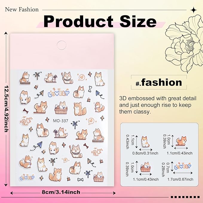 6 Sheets Cute Cat Dog Nail Stickers for Nail Art Adorable Kitty Bow Designs 3D Embossed Self Adhesive Nail Decals for Women DIY Manicure Decoration YX1234
