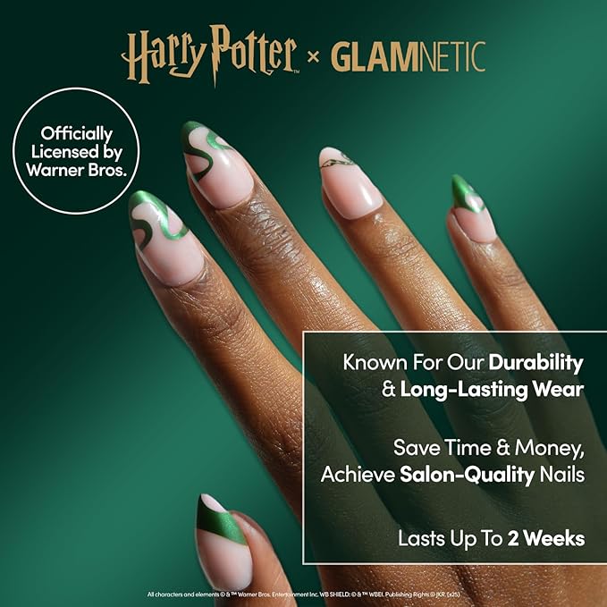 Harry Potter™ x Glamnetic Press On Nails - Parseltongue™ | Semi-Transparent Green Snake Graphic French Tip Short Almond Nails in a Chrome & Glossy Finish | 15 Sizes - 30 Nail Kit with Glue