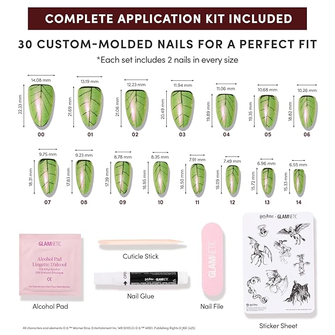 Glamnetic Press On Nails x Harry Potter™ - Mandrake | Short Almond Fake Nails with Iridescent Glazed Green Shimmer, Salon Quality Officially Licensed | 15 Sizes - 30 Nail Kit with Glue