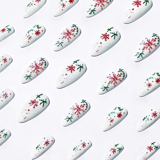 Christmas Press on Nails MABKJLF Medium Almond Fake Nails Green Twig False Nails with Snowflake Designs Full Cover Glossy Glue on Nail Winter Reusable Acrylic Nails for Women Girls 24Pcs
