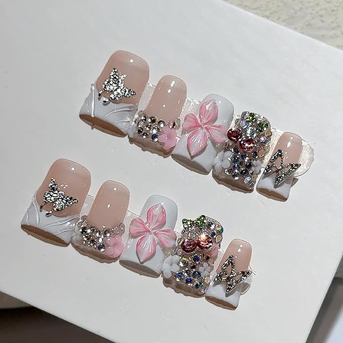 10 Pcs Handmade Press on Nails with Glue，3D Butterfly Duck False Nails Gradient Flowers Sparkly Artificial Glossy Colorful Rhinestones Designs French Tip Fake Nails Acrylic for Women Girls DIY（Size M)