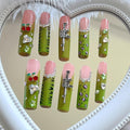 NAIL ANGEL 10PCS/SET Handmade Press on nails Metal Glitter Rhinestone Green Leopard Prints Crystal Cherry Gem Long Coffin Nails Party Nails XXL Long Artifical Tips ZJ-07 (Multi-Color, ZJ07-M)