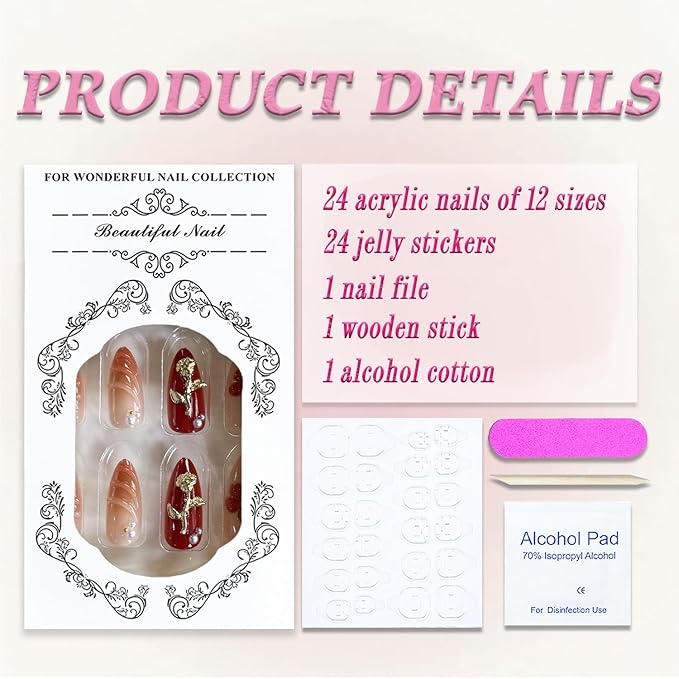 Ombre Press on Nails Medium Almond MABKJLF 3D Fake Nails Red False Nails with Flower Gold Rose Charms Rhinestones Pearls Designs Glossy Glue on Nail Acrylic Nails for Women Girls 24Pcs