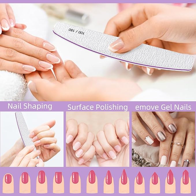 15Pcs Professional Nail Files, 100/180 Grit Double-Sided Buffer, Reusable Emery Boards for Natural/Acrylic Nails, Salon & Home Use (Grey)