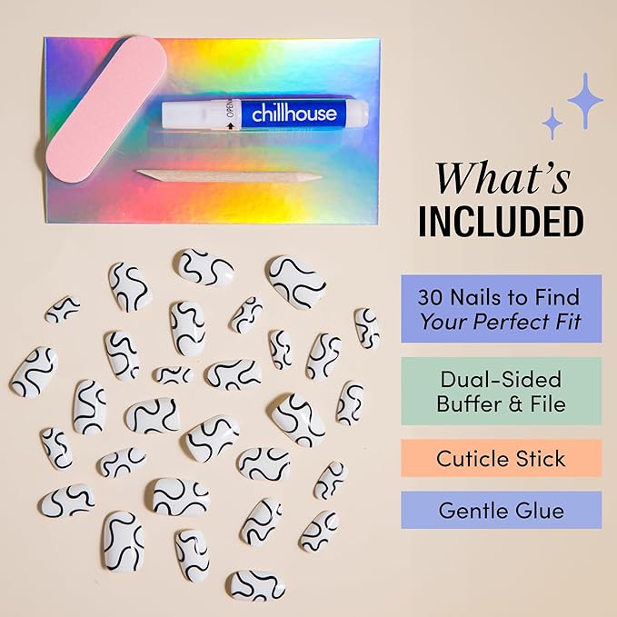 Chillhouse - Chill Tips, Press on Nails Kit - Wavy Baby (Oval) - 30 Nail Shapes & Sizes - Up to 2 Weeks of Wear - Customizable Fit - Reusable - Latina Founded & Women Owned - Beauty & Self Care