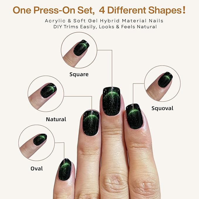 Press on Nails Short Square, Green Cat Eye Nails, St. Patrick's Day Nail, Glue on Nails Short, Football Nail, French Tip Smile Line Cat Eye Nails, Reusable, Acrylic 30Pcs(Green)