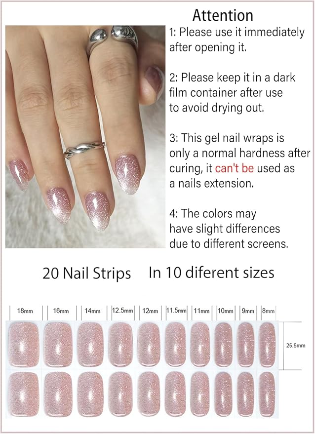 Semi Cured Gel Nail Strips, Cat Eye 20pcs Adhesive UV Sticker, Wraps for Home Manicure DIY