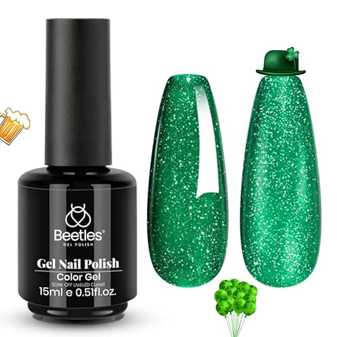 Beetles Green Gel Nail Polish – EverGleam Glitter Gel Polish, 15ml Soak Off UV LED Shimmer Emerald Green Nail Art Color, Long Lasting Glossy Manicurefor Salon and DIY Nail St Patrick Day