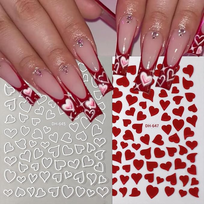 6Sheets Valentines Nail Stickers 3D Irregular Hollow Out Love Heart Nail Art Stickers Self Adhesive Romantic Valentines Nail Decals Colorful Heart Nail Decorations Supplies for Women DIY Manicure