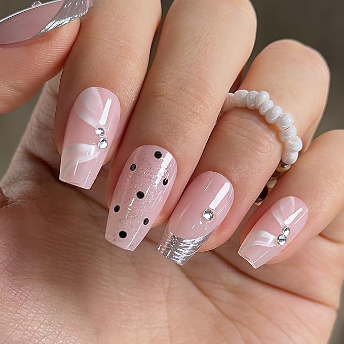 Curvlife Press On Nails Medium Coffin Pink - Black White Polka Dot Press on Nails with Glue, Heart Diamond Glitter Glossy Nude Pink Fake Nails Long Lasting False Nail Tips for Women