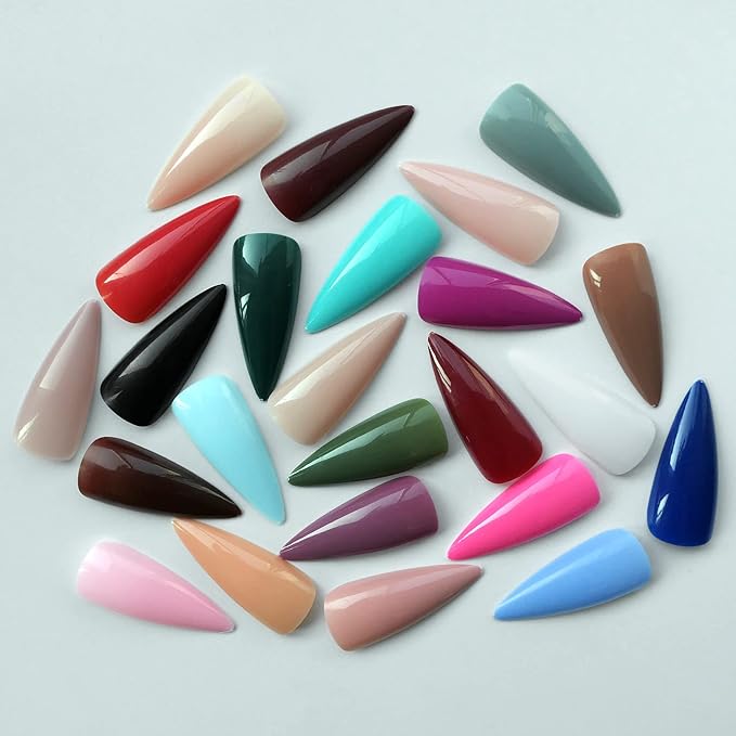 AddFavor 576pcs Long Stiletto Press on Nails 24 Solid Colors Glossy Full Cover Fake Nails Acrylic Artificial False Nail Tips 12 Sizes for Women Girls Nail Art Design