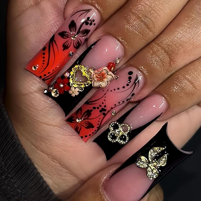 Press on Nails Coffin Long Length Acrylic Glossy Full Cover Square Shaped French False Nails with Designs Artificial Extra Long Fake Nails with Charms Glue ons Fingernails for Women(C130)