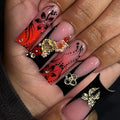 Press on Nails Coffin Long Length Acrylic Glossy Full Cover Square Shaped French False Nails with Designs Artificial Extra Long Fake Nails with Charms Glue ons Fingernails for Women(C130)