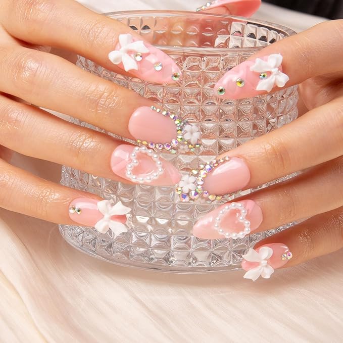 LOVFUL Press on Nails Vintage Shortcake | Handmade with Full Covered Crystals | Reusable Fake Nails | Almond Regular 1.0 in | H187-L