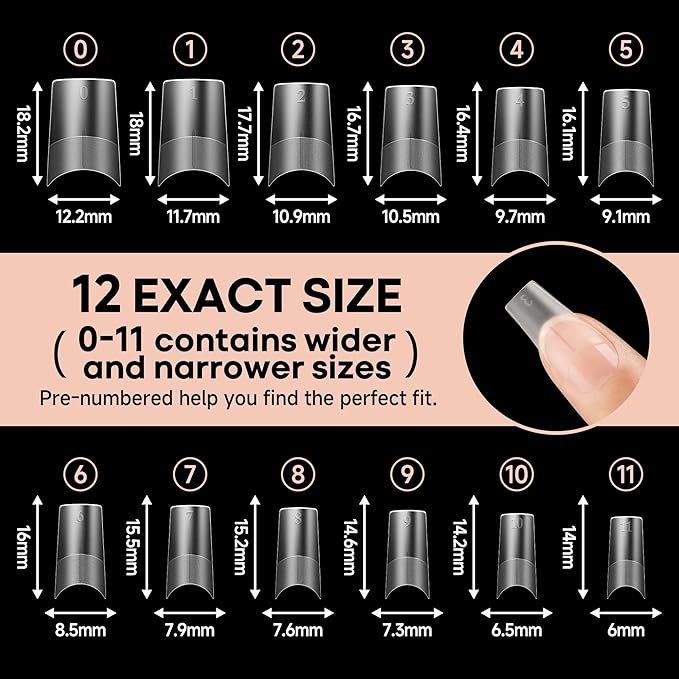 UNA GELLA Medium Square Gel Nail Tips 504pcs Full Matte Square Gel Tips Half Cover Clear False Nails Tips No C Curve with Position Line for Perfect Nail Extentions 12 Sizes, Gelly Tips