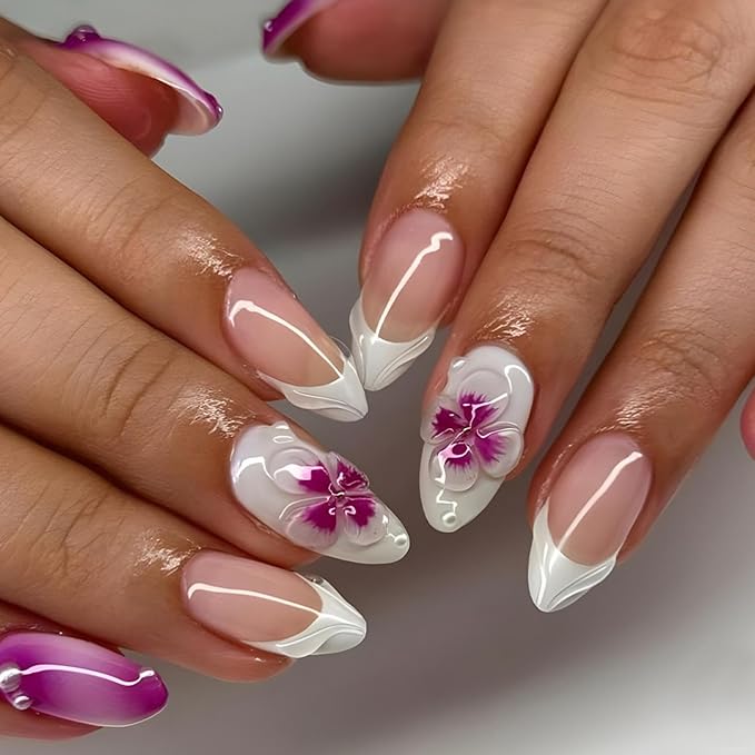 White French Tips Press on Nails - Almond Medium Stick on Nails - Purple Flower Charm Design Ombre Purple White False Nail Glossy Floral Glue on Nail for Women Manicure 24Pcs