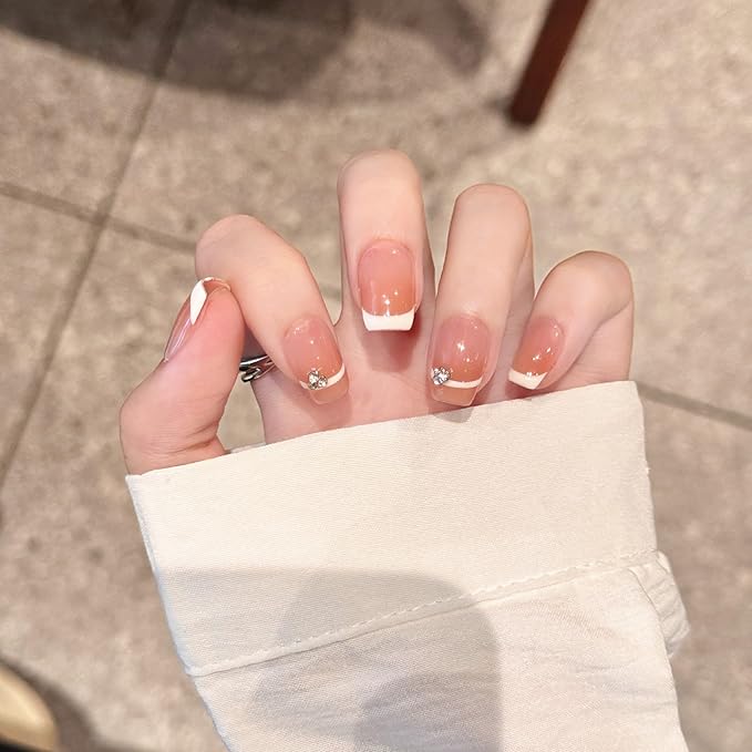 Short Square Press on Nails - Handmade Manicure Art Reusable False Nails 10pcs with Solid Nail Glue, Nail Adhesive Tabs, Strong Nail Glue (S111-Medium)