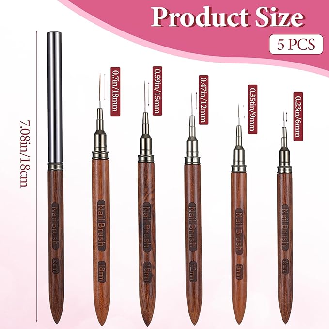 5 PCS Nail art brushes, Nail Art Liner Brushes Thin Liner Nails Brush Set for Thin Details, Painting Arts Design, Long Lines, Fine Drawing Sizes 6/9/12/15/18mm, Natural