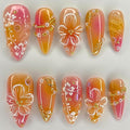 Flower Press on Nails Medium Almond Fake Nails with 3D Pearl Rhinestones Design Hibiscus Floral False Nails Glossy Pink Yellow Gradient Acrylic glue on Nails Full cover Spring stick on Nails for Women