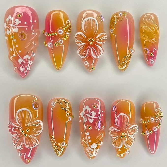 Flower Press on Nails Medium Almond Fake Nails with 3D Pearl Rhinestones Design Hibiscus Floral False Nails Glossy Pink Yellow Gradient Acrylic glue on Nails Full cover Spring stick on Nails for Women